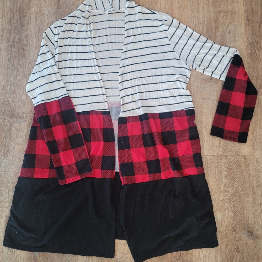Striped and Plaid Open Long Cardigan